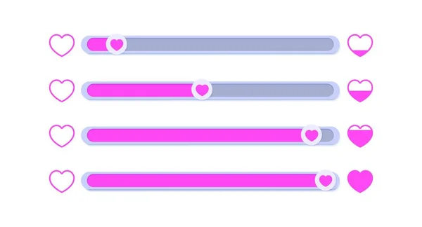 Un conjunto de controles deslizantes para determinar el nivel de homologación. Colección de botones móviles con corazones rosados, apreciando vivamente como. Plantilla de elemento para la cabeza en las redes sociales, aplicación móvil, deslizamiento de retroalimentación — Vector de stock