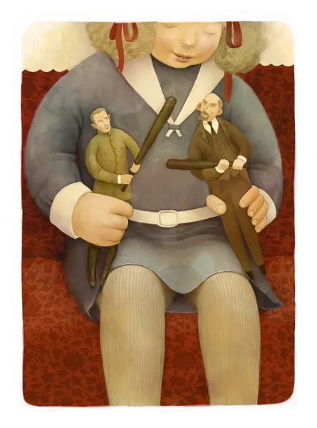 Girl playing with puppets of Lenin and Kerinsky — Stock Photo, Image