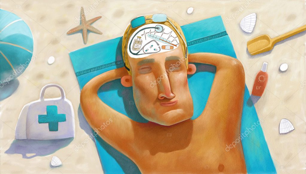 Illustration of doctor fell asleep on the beach and thinking about work