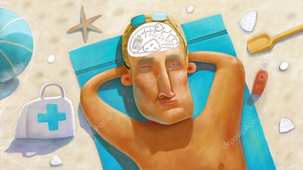 Illustration of doctor fell asleep on the beach and thinking about work