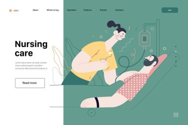 Hemşire bakımı - sağlık sigortası illüstrasyonu. Modern düz vektör