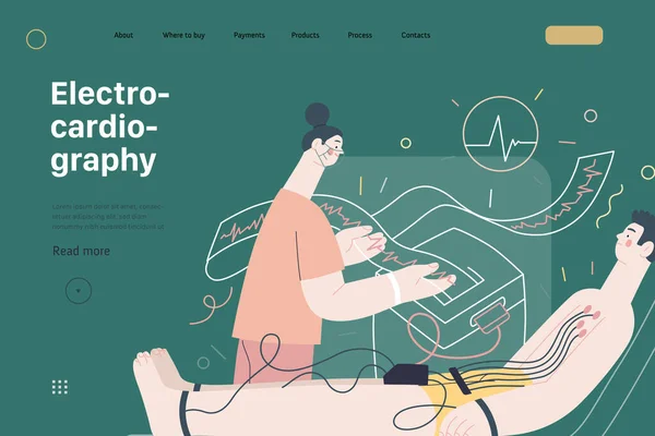 Elettrocardiografia ECG - modello web per test medici. vettore piatto moderno — Vettoriale Stock