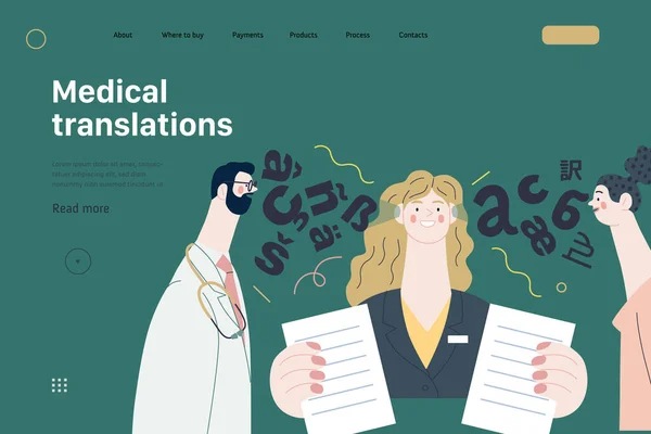 Traductions médicales - modèle Web d'assurance médicale. Vecteur plat moderne — Image vectorielle