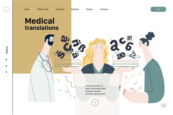 Traduções médicas modelo web de seguro médico. Vetor plano moderno — Vetor de Stock