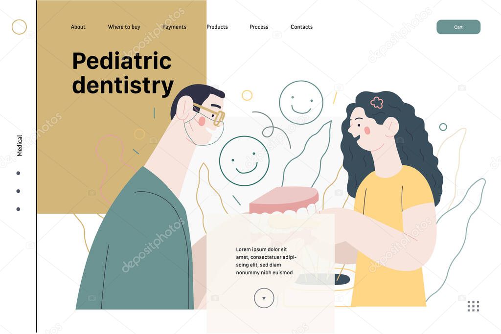 Pediatric dentistry - medical insurance web template. Modern flat vector