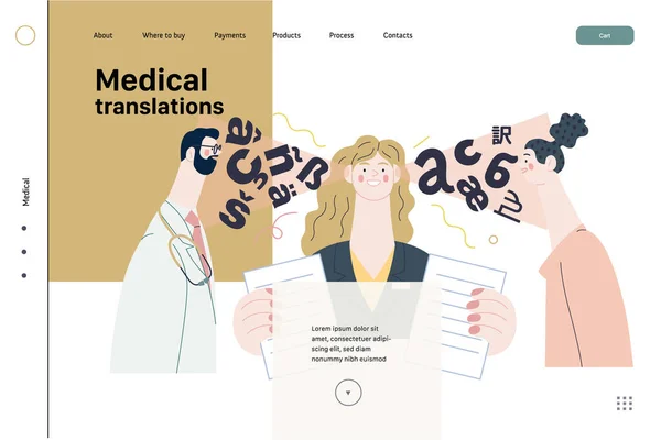 Terjemahan medis adalah templat web asuransi kesehatan. Vektor datar modern - Stok Vektor
