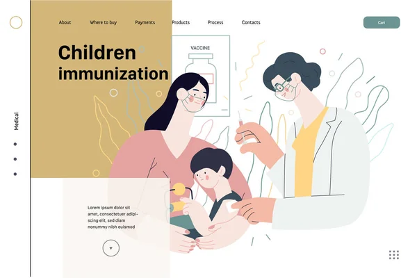 Immunisatie van de kindertijd - medische verzekering web template. Moderne vlakke vector — Stockvector