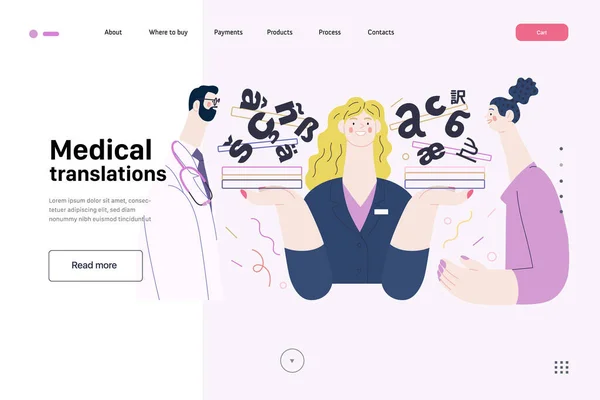 Traducciones médicas - plantilla web de seguro médico. Moderno vector plano — Archivo Imágenes Vectoriales