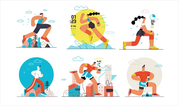달리기 - 밖에서 뛰고 운동하는 일련의 삽화 — 스톡 벡터