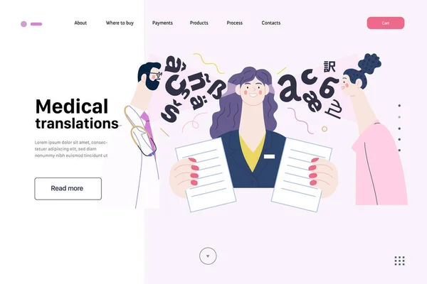 Traducciones médicas - plantilla web de seguro médico. Moderno vector plano — Archivo Imágenes Vectoriales