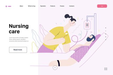 Hemşire bakımı - sağlık sigortası web şablonu - modern düz vektör konsepti dijital illüstrasyon. Koğuştaki hastada düşürücü var ve kadın hemşire ona ilaç veriyor. İniş sayfası şablonu