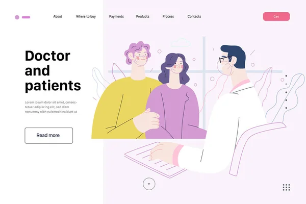 Лікар і пацієнти - веб-шаблон медичного страхування — стоковий вектор