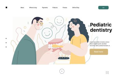 Pediatrik dişçilik - sağlık sigortası web şablonu. Modern düz vektör