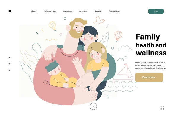 Familie gezondheid en welzijn - medische verzekering web template — Stockvector