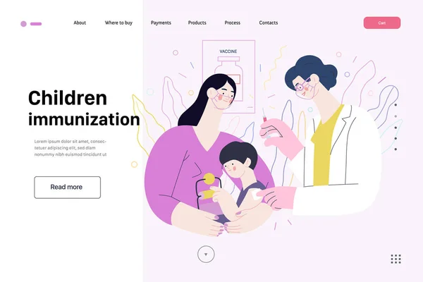 Imunização da infância modelo web de seguro médico. Vetor plano moderno — Vetor de Stock