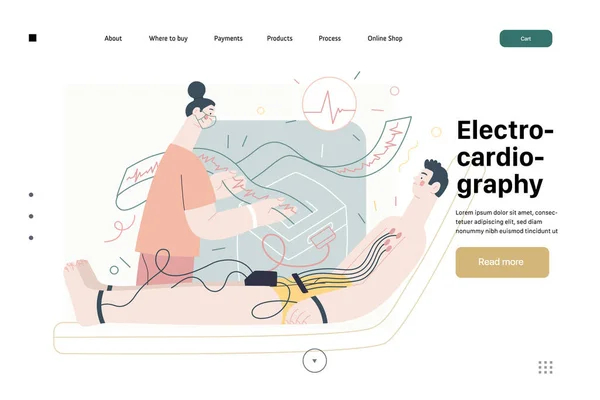 Electrocardiografía ECG - plantilla web de pruebas médicas. Moderno vector plano — Archivo Imágenes Vectoriales