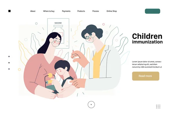 Inmunización infantil - plantilla web de seguro médico. Moderno vector plano — Archivo Imágenes Vectoriales