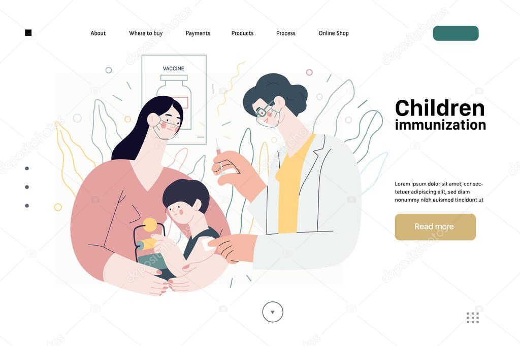 Childhood immunization - medical insurance web template. Modern flat vector