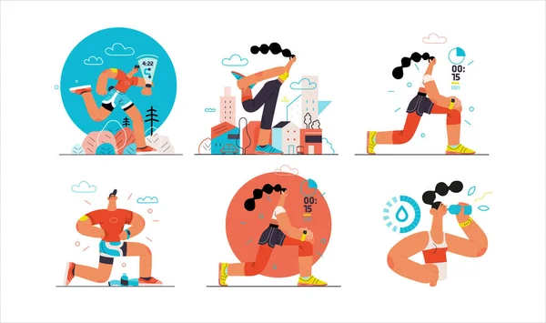 Corredores - un conjunto de ilustraciones de correr y hacer ejercicio fuera de las personas — Vector de stock