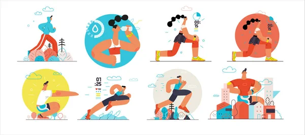 달리기 - 밖에서 뛰고 운동하는 일련의 삽화 — 스톡 벡터