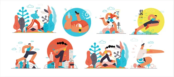 Corredores - un conjunto de ilustraciones de correr y hacer ejercicio fuera de las personas — Vector de stock
