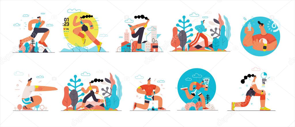 Runners - a set of illustrations of running and exercising outside people