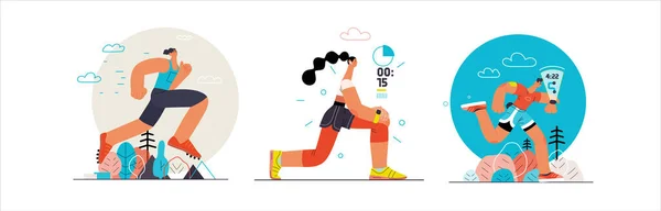 Runners - un ensemble d'illustrations de course et d'exercice à l'extérieur — Image vectorielle