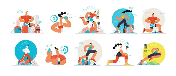 Runners - a set of illustrations of running and exercising outside people — Stock Vector
