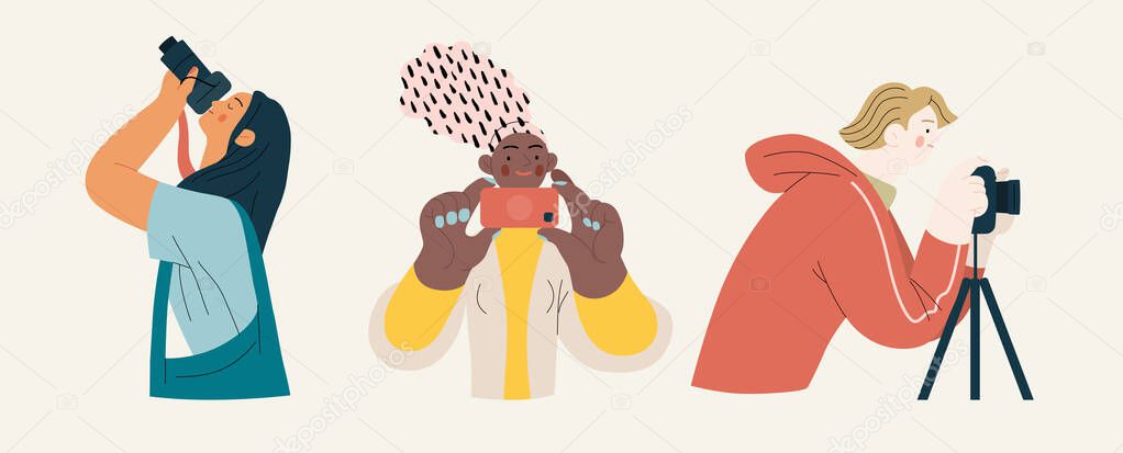 People portrait - Taking photos -Modern flat vector concept illustration of a people taking photo with a phone or camera, half-length portrait, user avatar. Creative landing web page illustartion