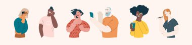 İnsanlar telefondaki portreleri -Modern düz vektör konsepti çizimleri- telefonda konuşan erkek ve kadın ırklarının çizimleri, yarım boy portre, kullanıcı avatarı. Yaratıcı Web illüstrasyon kümesi