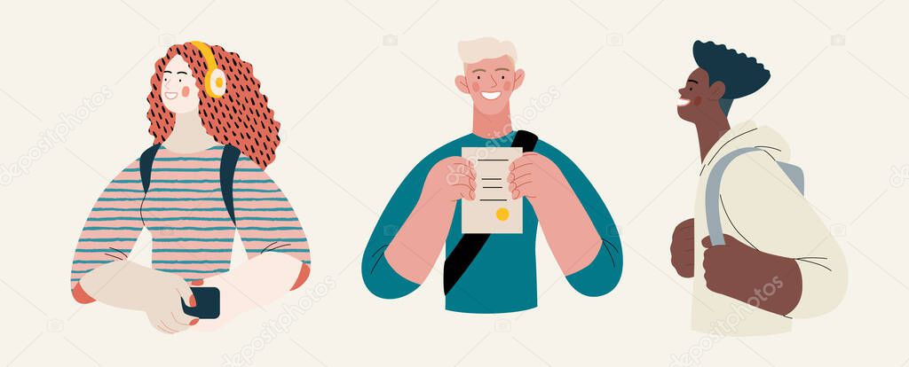 People portrait - Students -Modern flat vector concept illustration of a young male and female students, half-length portrait, user avatar. Creative landing web page illustartion