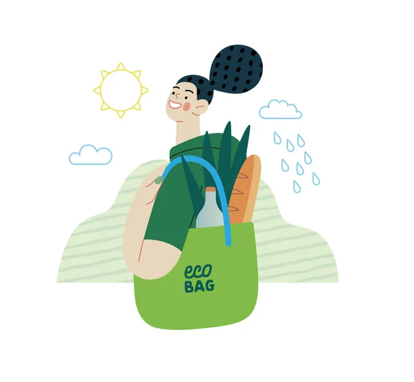Ecology Konsep Vektor Datar Eco Bag Modern Menggambarkan Seorang Wanita - Stok Vektor