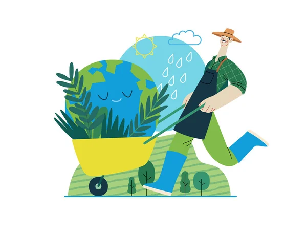 Ecology Planet Modern Flat Vector Concept Illustration Gardener Wearing Hat — Stock Vector