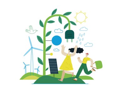 Ekoloji - Yenilenebilir enerji - Modern düz vektör konsepti güneş panelleri, rüzgar türbinleri, yağmur gücü. Genç bir kadın ve koşan bir çocuk. Yaratıcı iniş web sayfası çizimi
