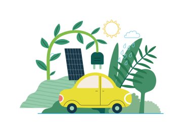 Ekoloji - Elektrikli araba - Modern düz vektör konsepti güneş panelleri ve elektrikli araba çizimi. Yenilenebilir enerji benzetmesi. Yaratıcı iniş web sayfası çizimi