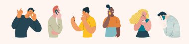 İnsanlar telefondaki portreleri -Modern düz vektör konsepti çizimleri- telefonda konuşan erkek ve kadın ırklarının çizimleri, yarım boy portre, kullanıcı avatarı. Yaratıcı Web illüstrasyon kümesi