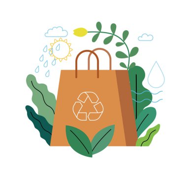 Ekoloji - Ekolojik paket - Modern düz vektör kavramı. Bitkilerle çevrili bir kağıt torba, ekolojik yaşam tarzının metaforu. Yaratıcı iniş web sayfası çizimi
