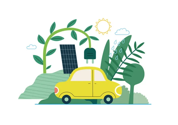 Ecologia Carro Elétrico Moderno Conceito Vetorial Plano Ilustração Painéis Solares —  Vetores de Stock