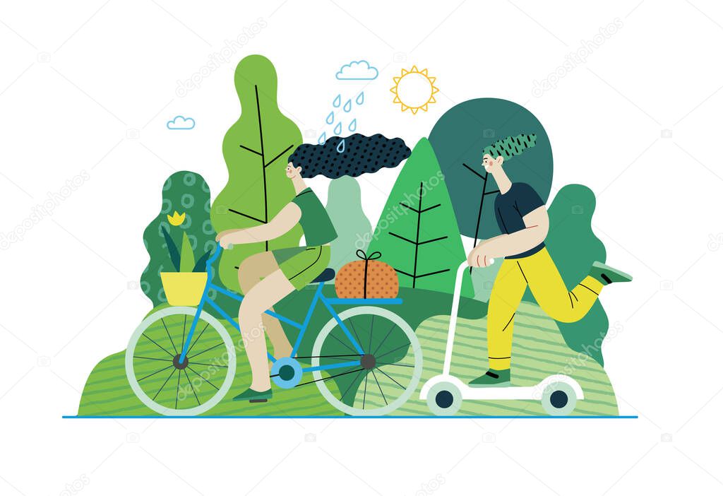 Ecology - Sustainable transport -Modern flat vector concept illustration of a young woman ridyng bycycle and a man on the scooter. Ecological transport metaphor. Creative landing web page illustartion