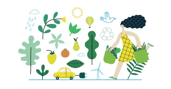 Ecologie Duurzaam Denken Moderne Vlakke Vector Concept Illustratie Vrouw Met — Stockvector