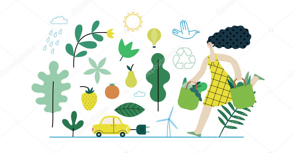 Ecology - Sustainable thinking -Modern flat vector concept illustration, woman with eco bags, electric car, sustainable transport, solar and wind energy, plants. Creative landing web page illustartion