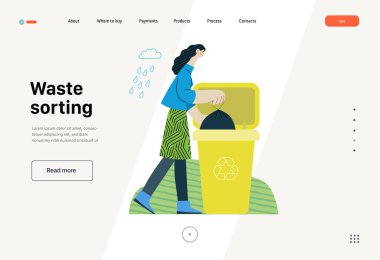 Ekoloji - Atık ayıklama - Modern düz vektör konsepti çizimi genç bir kadının plastik atık için çöp torbasına çöp poşeti koyması. Yaratıcı iniş web sayfası şablonu