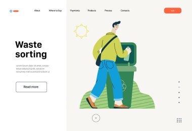 Ekoloji - Atık ayıklama - Modern düz vektör konsepti çizimi genç bir adamın cam bir şişeyi cam atık için çöp kutusuna koyması. Yaratıcı iniş web sayfası şablonu
