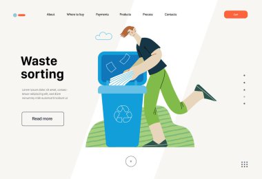 Ekoloji - Atık ayıklama - Modern düz vektör konsepti illüstrasyonu genç bir adamın kağıt atık için çöp konteynırına kağıt dergi koyması. Yaratıcı iniş web sayfası şablonu