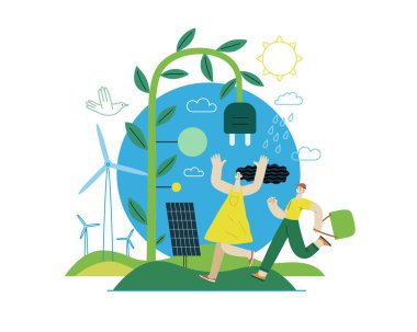 Ekoloji - Yenilenebilir enerji - Modern düz vektör konsepti güneş panelleri, rüzgar türbinleri, yağmur gücü. Genç bir kadın ve koşan bir çocuk. Yaratıcı iniş web sayfası şablonu