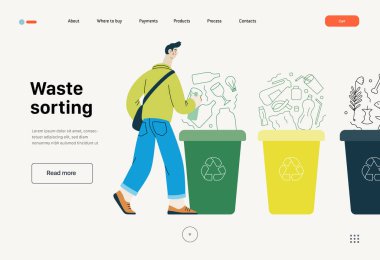 Ekoloji - Atık ayıklama - Modern düz vektör konsepti çizimi genç bir adamın cam bir şişeyi cam atık için çöp kutusuna koyması. Yaratıcı iniş web sayfası şablonu