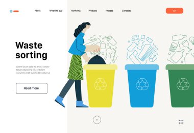 Ekoloji - Atık ayıklama - Modern düz vektör konsepti çizimi genç bir kadının plastik atık için çöp torbasına çöp poşeti koyması. Yaratıcı iniş web sayfası şablonu