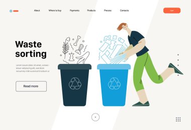 Ekoloji - Atık ayıklama - Modern düz vektör konsepti illüstrasyonu genç bir adamın kağıt atık için çöp konteynırına kağıt dergi koyması. Yaratıcı iniş web sayfası şablonu