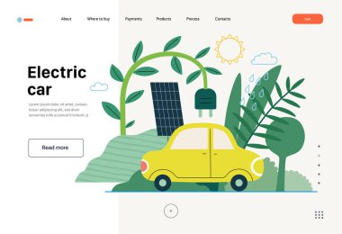 Ekoloji - Elektrikli araba - Modern düz vektör konsepti güneş panelleri ve elektrikli araba çizimi. Yenilenebilir enerji benzetmesi. Yaratıcı iniş web sayfası şablonu