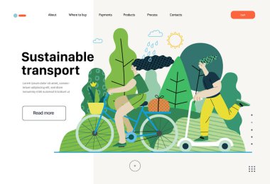 Ekoloji - Sürdürülebilir ulaşım - Modern yassı vektör konsepti bisiklet süren genç bir kadın ve scooter süren bir adamın çizimi. Ekolojik taşıma metaforu. Yaratıcı iniş web sayfası şablonu